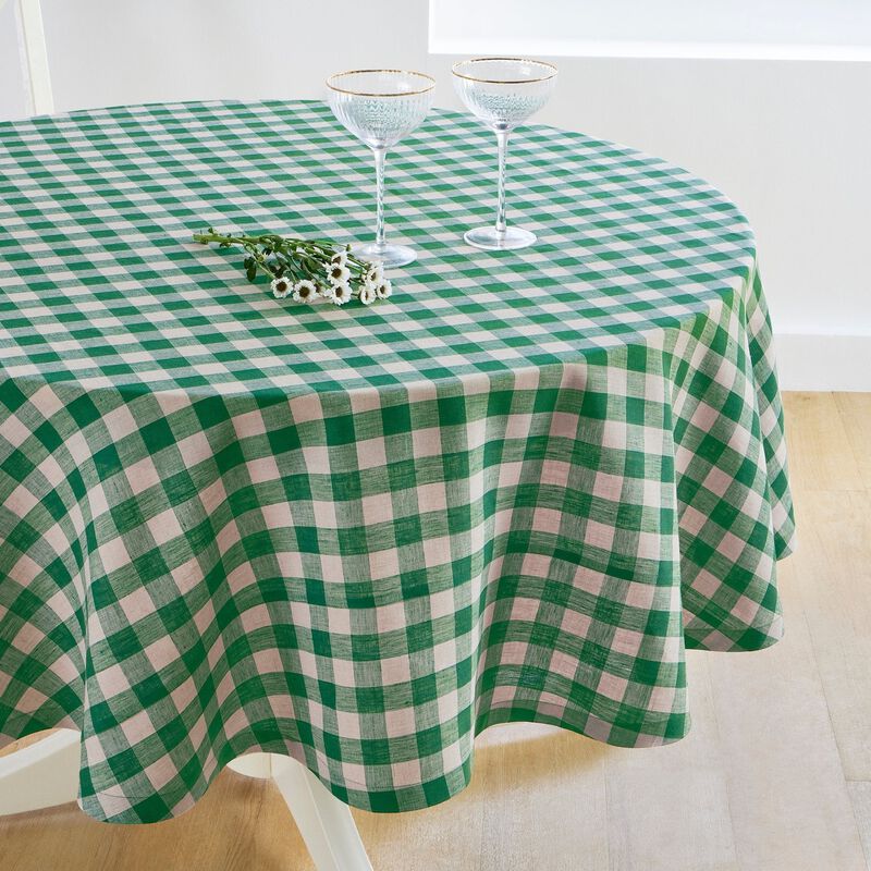 Solino Home Morgan Check 100% Linen Round Tablecloth &ndash; Handcrafted, Machine Washable, Perfect for Holiday and Everyday Dining