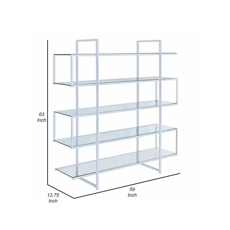 Bookcase with 5 Tempered Glass Shelves and Electroplated Frame, Chrome-Benzara
