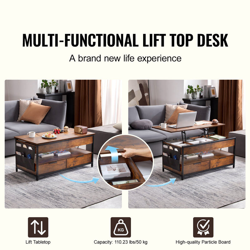 Coffee Table with Charging Station & USB & LED Light for Living Room