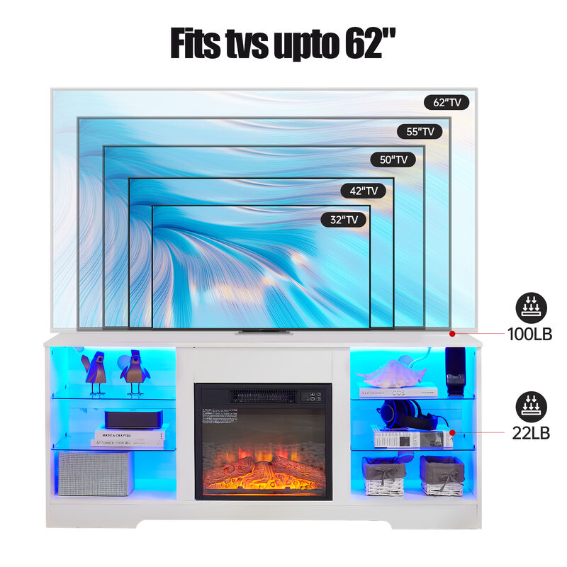 Mondawe Modern Fireplace Glass Frame TV Station, TV Entertainment Console With USB Charging Socket image number 3