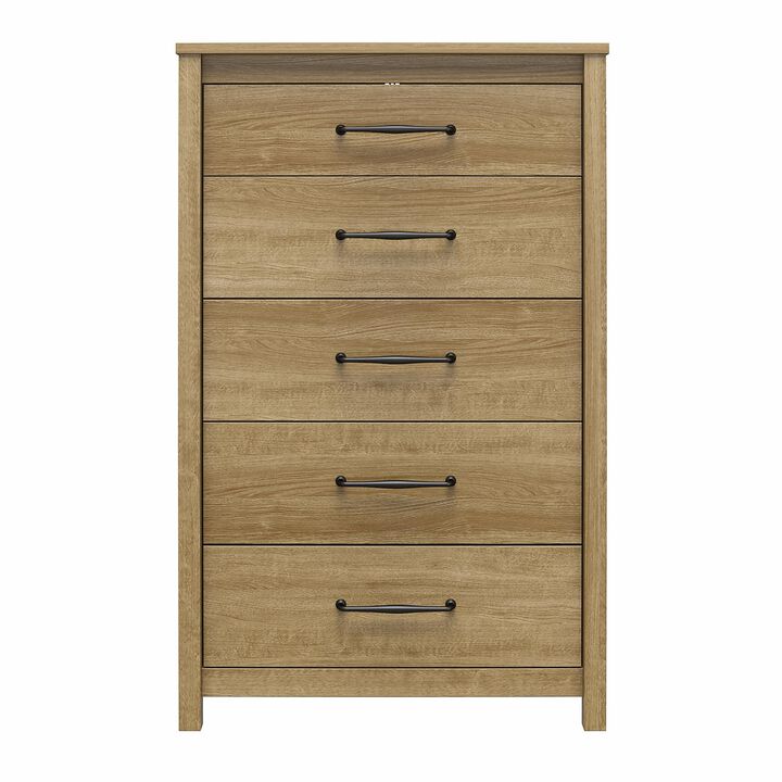 Ameriwood Home Augusta 5 Drawer Tall Dresser with Easy SwitchLock™ Assembly, Ivory Oak
