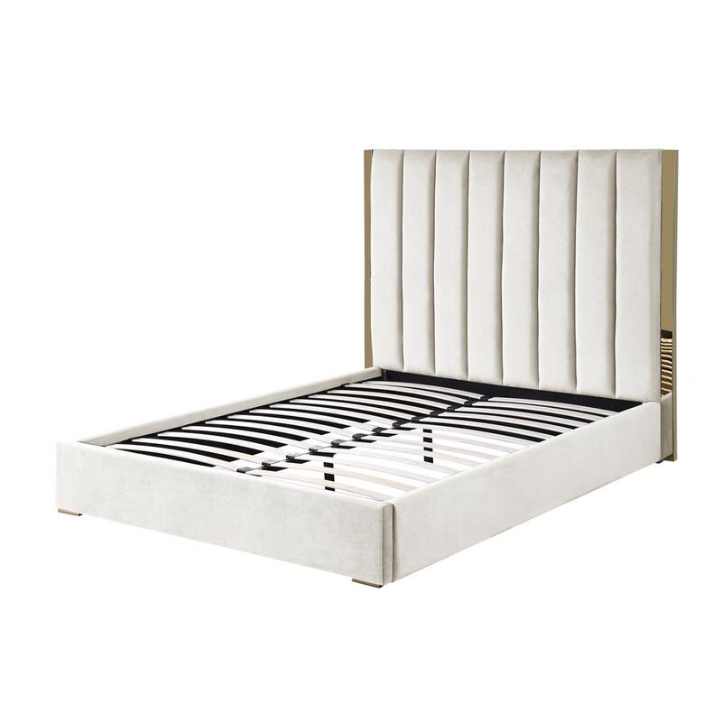 Best Master Furniture Jalen Beige Velvet King Platform Bed with Gold Accents