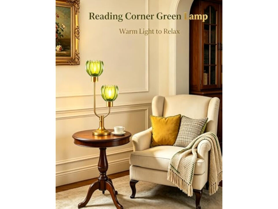 Green Glass Flower Table Lamp for Bedroom Dimmable Nightstand Lamp