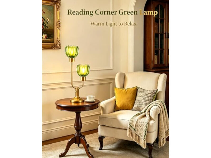 Green Glass Flower Table Lamp for Bedroom Dimmable Nightstand Lamp image number 1