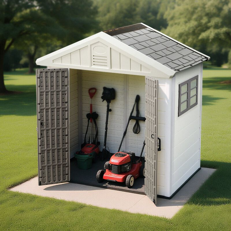 Weather Resistant Resin Garden Storage Shed with Reinforced Floor, Lockable Door for Tools & Bike Storage-Grey image number 1