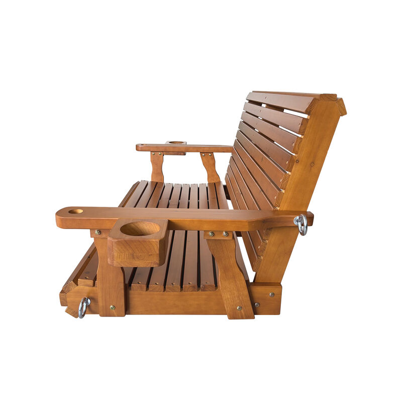 Mega Casa Wooden Porch Swing 2-Seater, Bench Swing with Cupholders, Hanging Chains and 7mm Springs, Heavy Duty 800 LBS, for Outdoor Patio Garden Yard (Brown)