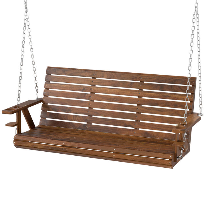 Hivvago 3-Seater Wooden Porch Swing with Cupholders