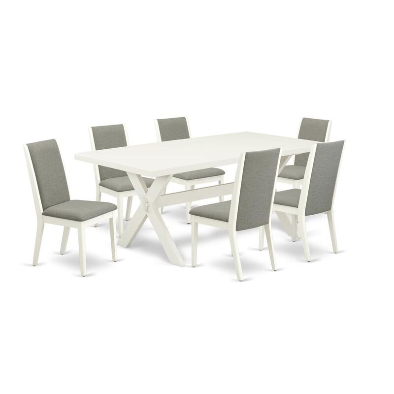 East West Furniture 7-Piece Modern Dinette Set a Great Linen White Modern Dining Table Top and 6 Attractive Linen Fabric Parson Dining Chairs with Stylish Chair Back, Linen White Finish