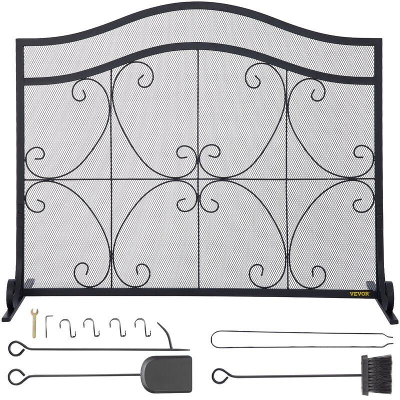Iron Fireplace Screen with Spark Protection, Mesh Panel and Fireplace Accessories Set-Black image number 7