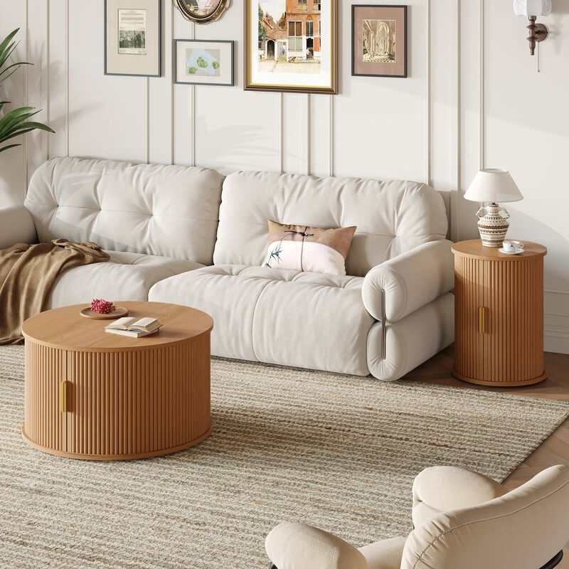 Mid Century Coffee Table Set with Sliding Tambour Door Fluted Round End Table with Storage image number 4
