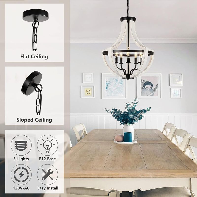 ELEMENT ACE 5-Light Modern Farmhouse Solid Wood Chandelier Dual Use Pendant & Flush Mount Ceiling Light Fixture for Dining Room Kitchen Island Living Room Foyer Entryway image number 3