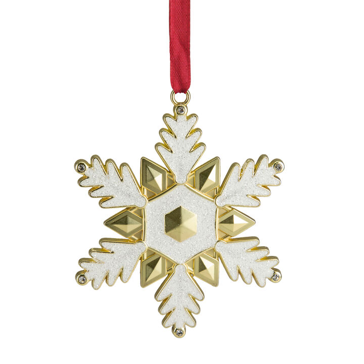 3.5" White Brass-Plated Snowflake Christmas Ornament with European Crystals