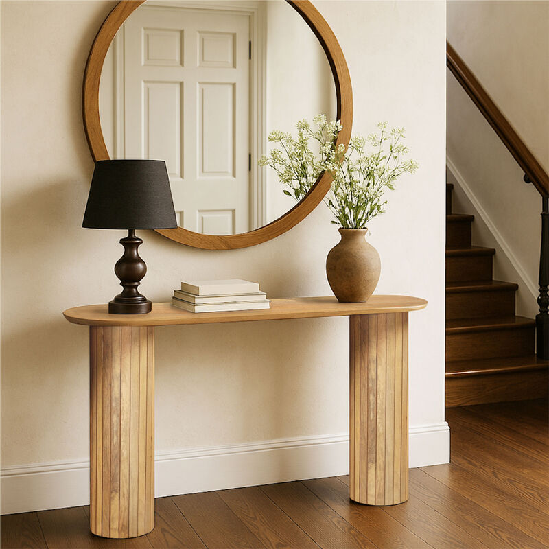 Cleo 54 Inch Sofa Console Table, Rounded Corners, Ribbed Pillar Legs, Golden Oak Brown Mango Wood