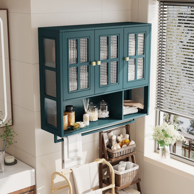 Bathroom Wall Cabinet, 3-Door Wooden Wall Cabinet with Open and Hidden Storage Space, Medicine Cabinet with Glass Door and Towel Bar image number 3