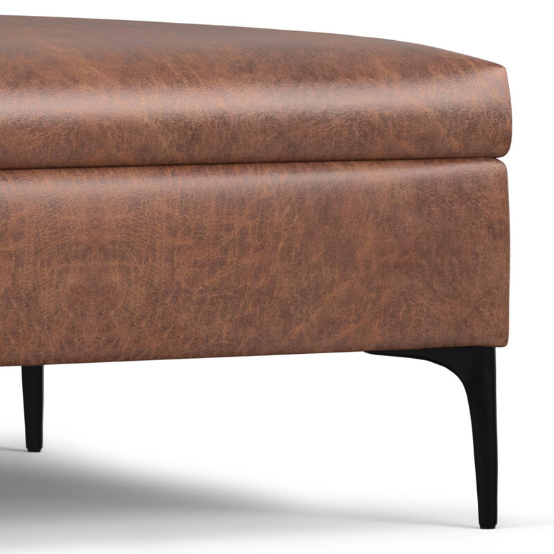 Rebecca 36 inch Wide Contemporary Square Mid Century Coffee Table Storage Ottoman with Lift Up Lid in Distressed Saddle Brown Vegan Faux Leather, Assembled