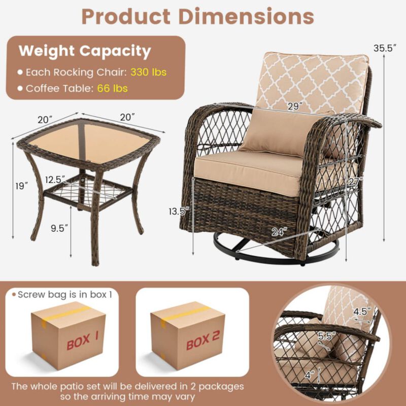 Hivvago 3 Pieces Outdoor Wicker Conversation Set with Tempered Glass Coffee Table