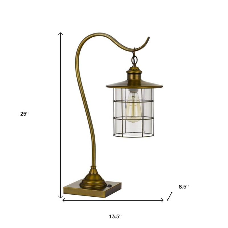 Hivvago 25" Antiqued Brass Metal Lantern Desk Lamp With Antiqued Brass Drum Shade