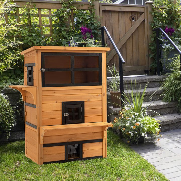 Yellow Outdoor Cat Home: 3-Tier Feral Cat House with Asphalt Roof