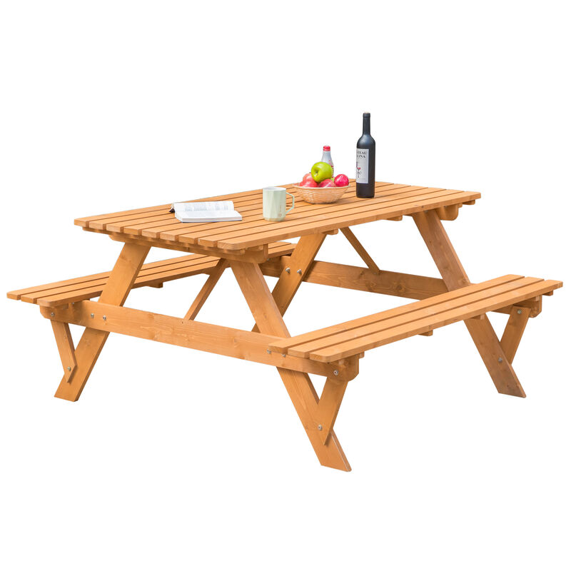 Outdoor Wooden Patio Deck Garden 6-Person Picnic Table, for Backyard, Garden, Stained
