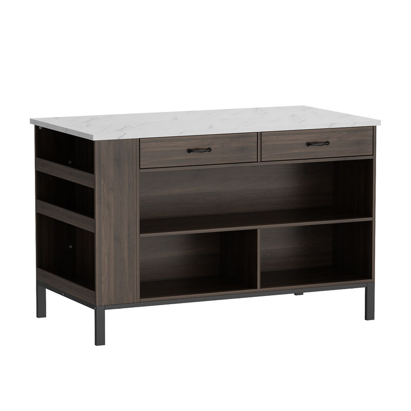 Stationary Kitchen Island with 2 Drawers & Open Shelves, Kitchen Island Table with Metal Legs, Bar Table Island Table Brown and Marble White (55.1&rdquo;W x 30&rdquo;D x 36&rdquo;H)