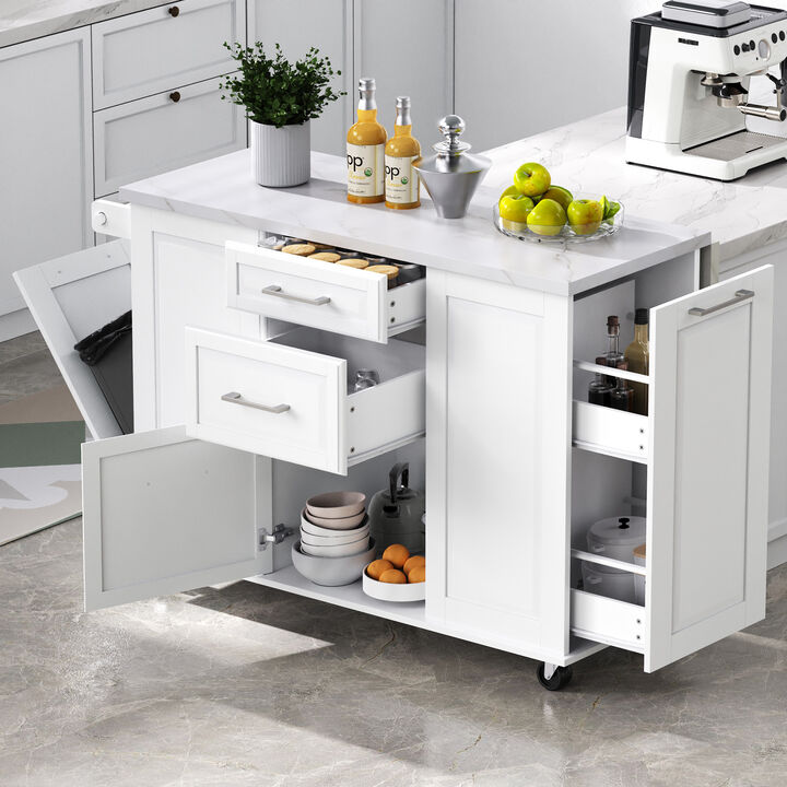 Merax Mobile Kitchen Island with Trash Cabinet & Drop Leaf &ndash; 2-Tier Pull-Out Organizer