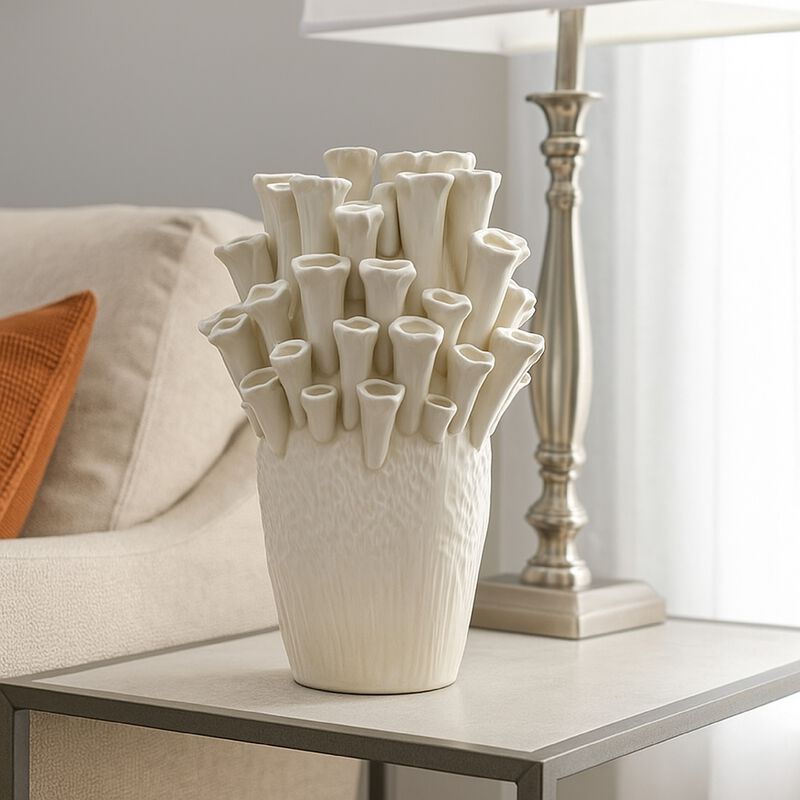 Cior Decorative Vase, Coral Shape Design, 18 Inch White Ceramic Body