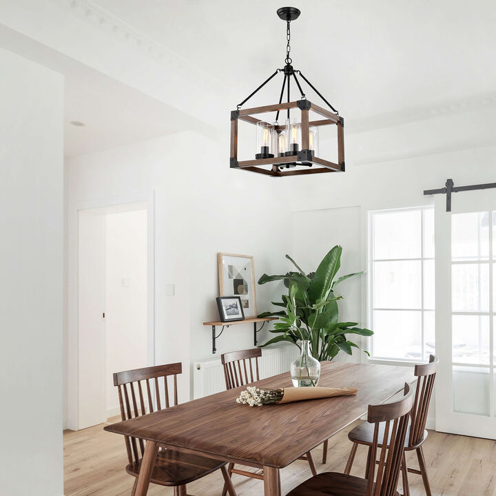 Viviana 4-light Antique Black Wooden Cage Glass Cylinders Cage Pendant
