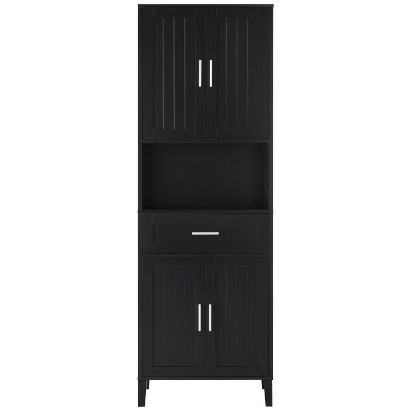 Merax Tall Bathroom Cabinet with a Drawer, 2 Cabinets, 4 Soft-Close Doors, 2 Adjustable Shelves, Open Storage