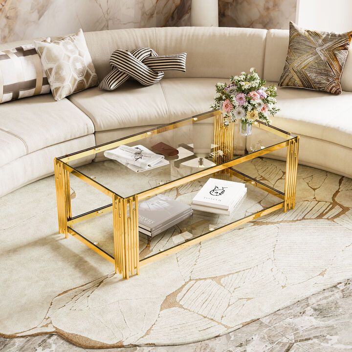 Merax Modern Black Mirror Coffee Table - Gold Asymmetrical Metal Frame with Lower Shelf