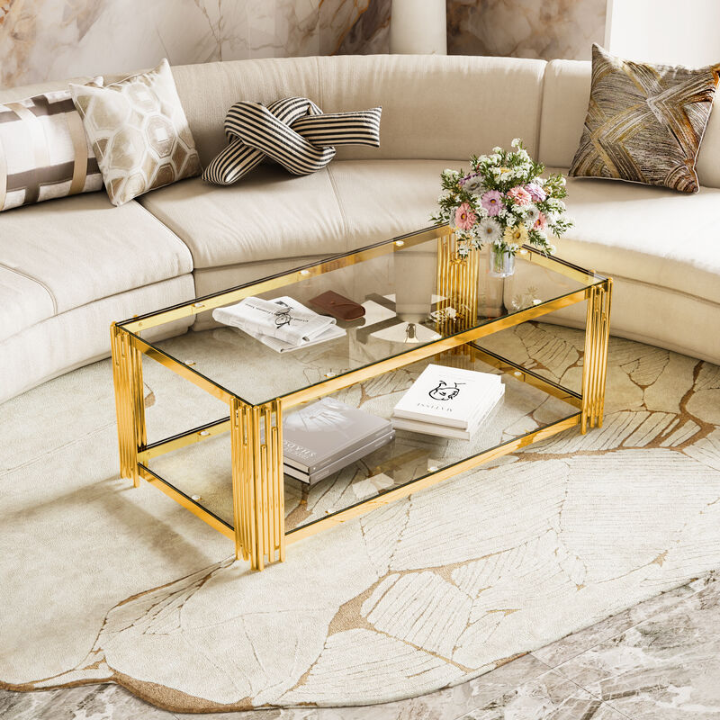 Merax Modern Black Mirror Coffee Table - Gold Asymmetrical Metal Frame with Lower Shelf image number 1