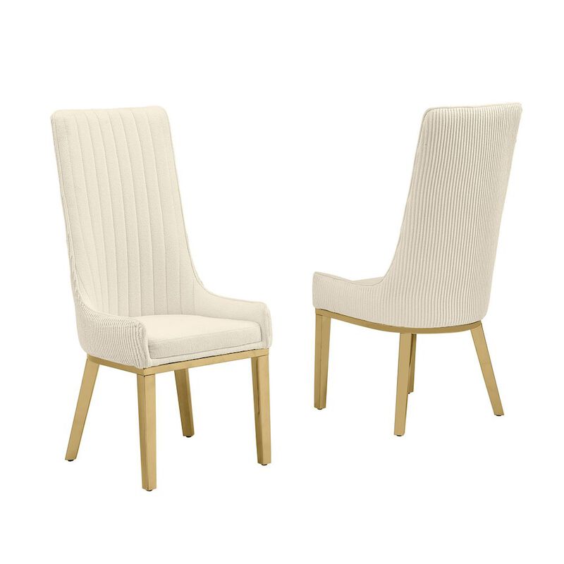 Cream Upholstered Dining Chairs with Gold Base and Pleated Back Design - Set of 2