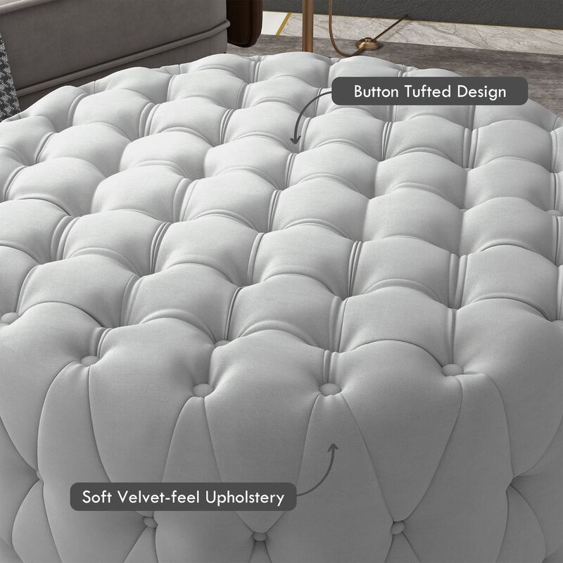 Gray Velvet-Feel Round Ottoman: Button Tufted, Padded Seat