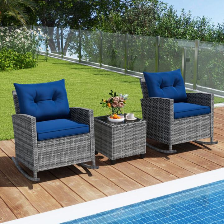 Hivvago 3-Piece Patio Rattan Roker Chairs with Tempered Glass Table and Soft Cushions