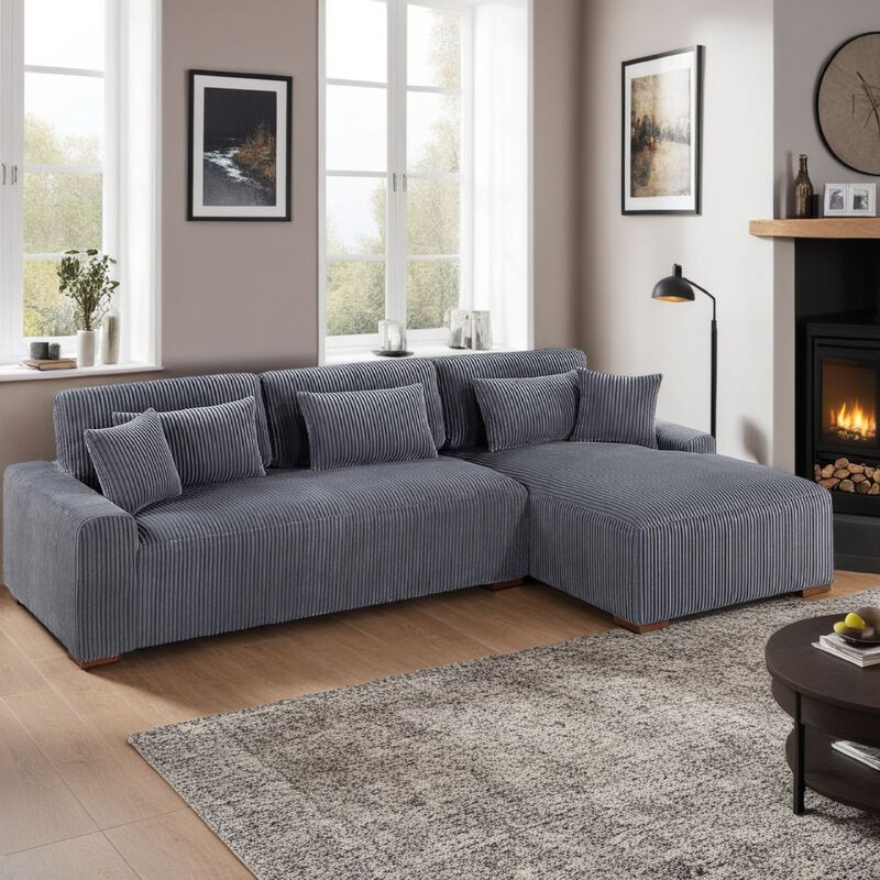 Lio 2pc XL Sectional Sofa with Chaise, 5 Throw Pillows, Gray Corduroy - Benzara