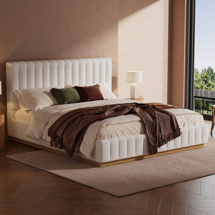 Christopher Knight Home Nathan Modern Linen Upholstered Platform Bed Frame with Vertically Stitched Thick Headboard