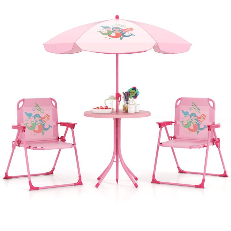 Hivvago 4 Pieces Kids Picnic Set with 2 Folding Chairs and Height Adjustable Umbrella