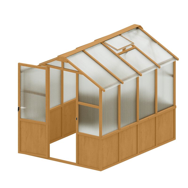 6x8 FT Greenhouse, Wooden Walk-in Greenhouse for Outdoors with Polycarbonate Panel and Adjustable Roof Vents image number 0