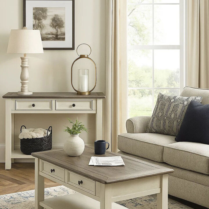 Sofa Table With Plank Style Top and 2 Gliding Drawers, Brown and White
