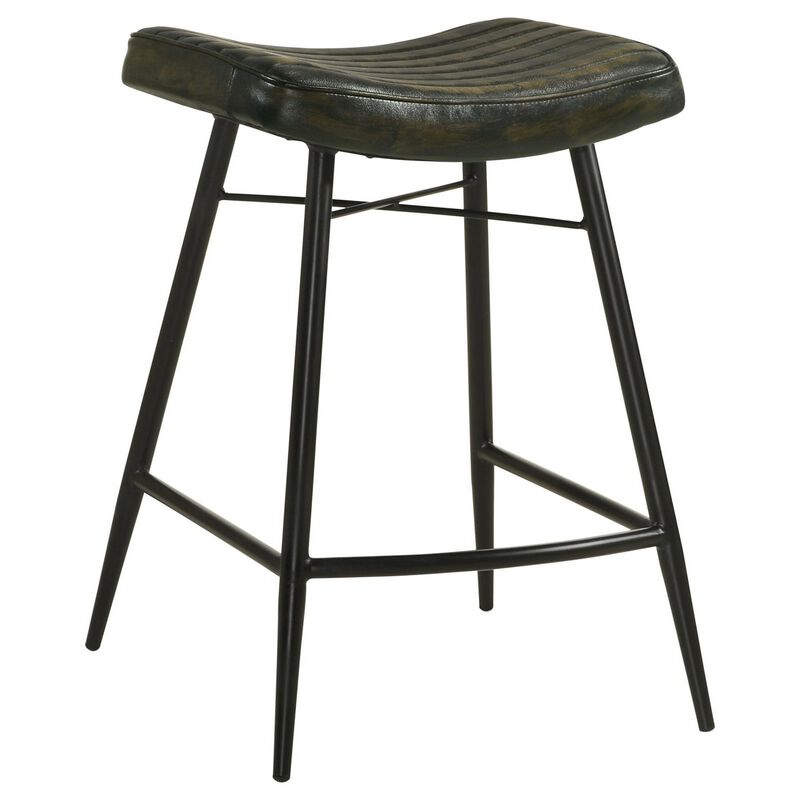 Vini 25 Inch Counter Stool Set of 2, Curved Leather Seat, Tufted Black image number 0