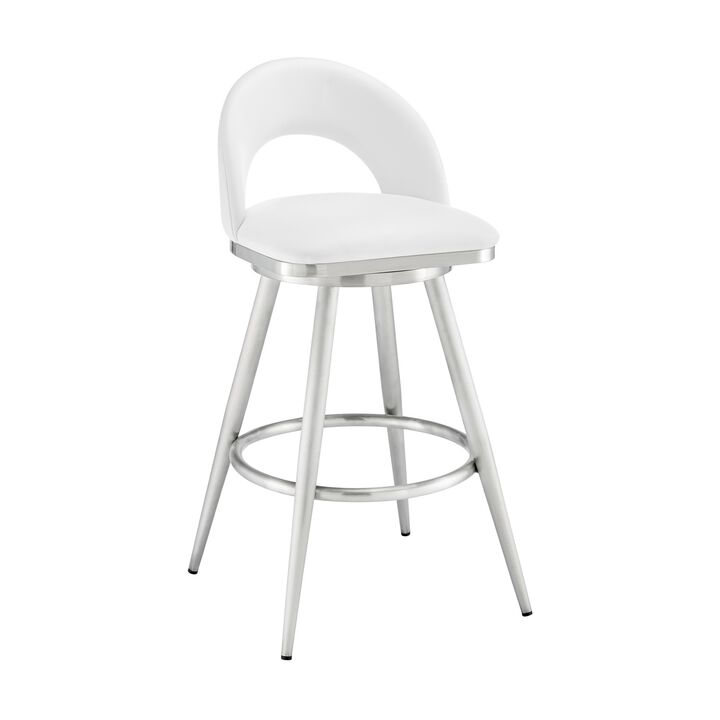 Visy 30 Inch Swivel Barstool Chair, Round Open Back, White Faux Leather - Benzara