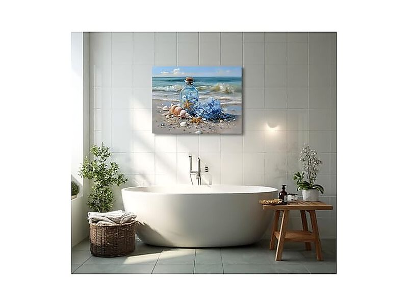 Coastal Beach Wall Art Canvas Bathroom Blue Ocean Seashells Glass Bottle Decor image number 2