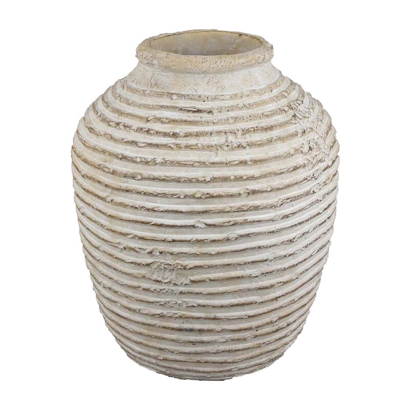Lezlee Accent Planter, Beige Terracotta, Ridged Textured Urn, 13 Inch - Benzara