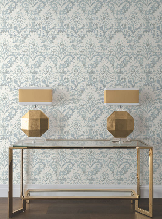Velvet Crush Damask Blue & Pearl Wallpaper