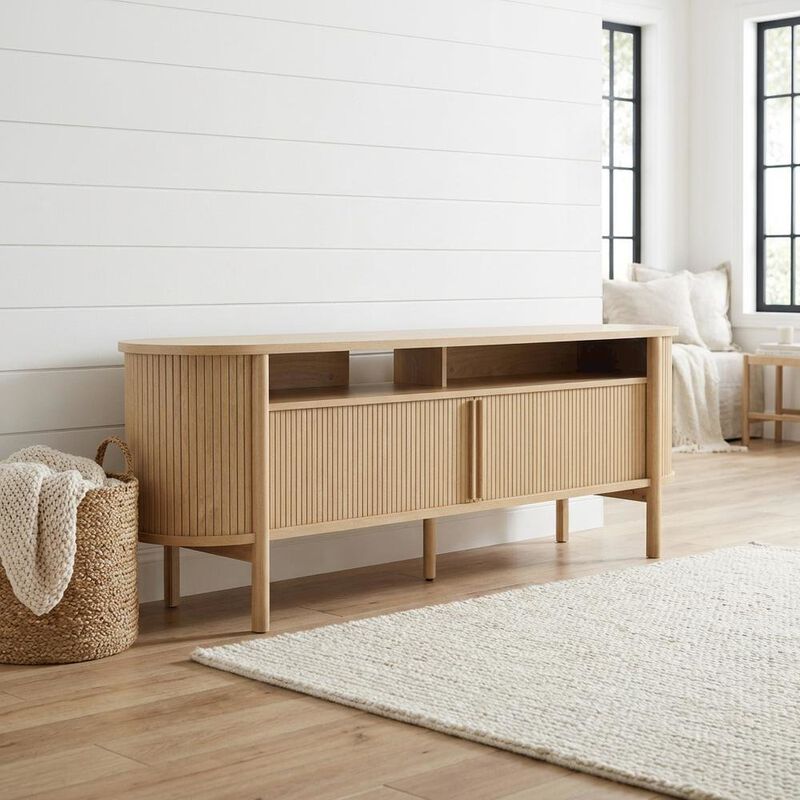 Curved TV Stand in Brown, Rubberwood Solids, Walnut Veneers, Stylish Storage image number 3