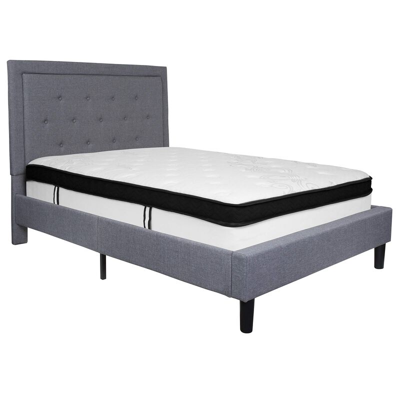 Roxbury Full Size Tufted Upholstered Platform Bed in Light Gray Fabric with Memory Foam Mattress