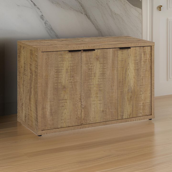 Azia Accent Cabinet, 47 Inch with 3 Doors, Shelves, Mango Brown Wood  - Benzara