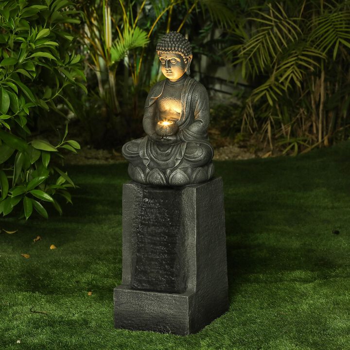 LuxenHome Resin Meditating Buddha on Column Lighted Outdoor Fountain