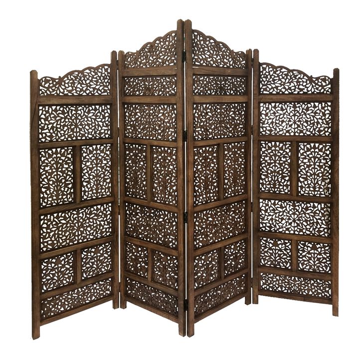 Benzara Hand Carved Foldable 4 Panel Wooden Partition Screen/RoomDivider,Brown-Benzara