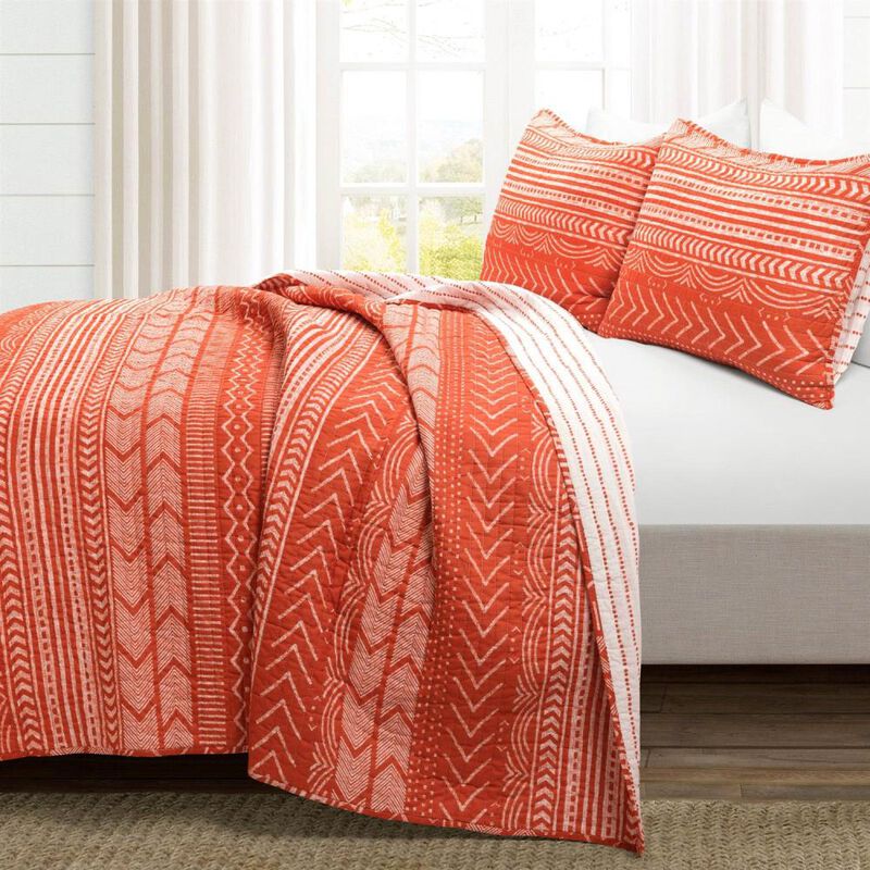 Hivvago Full/Queen Scandinavian Chevron Orange White Stripe Reversible Cotton Quilt Set