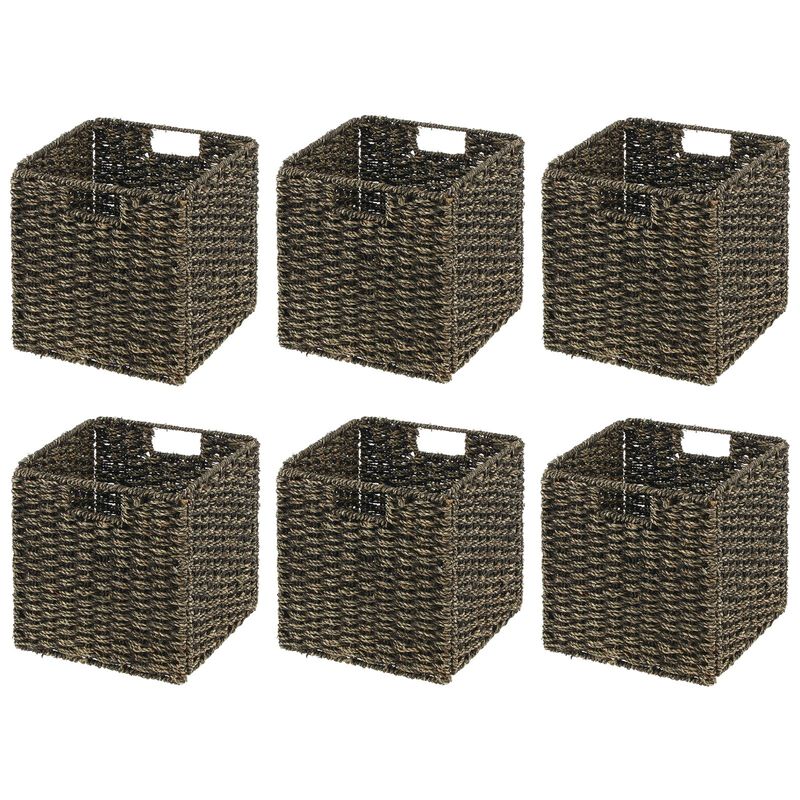 mDesign Seagrass Woven Cube Bin Basket Organizer, Handles, 4 Pack, Black Wash image number 1